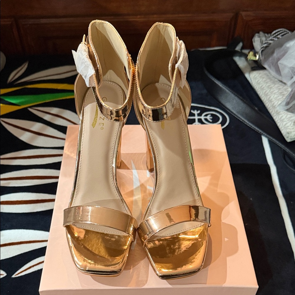 Glaze Metallic Rose Gold Ankle-Strap Heels
